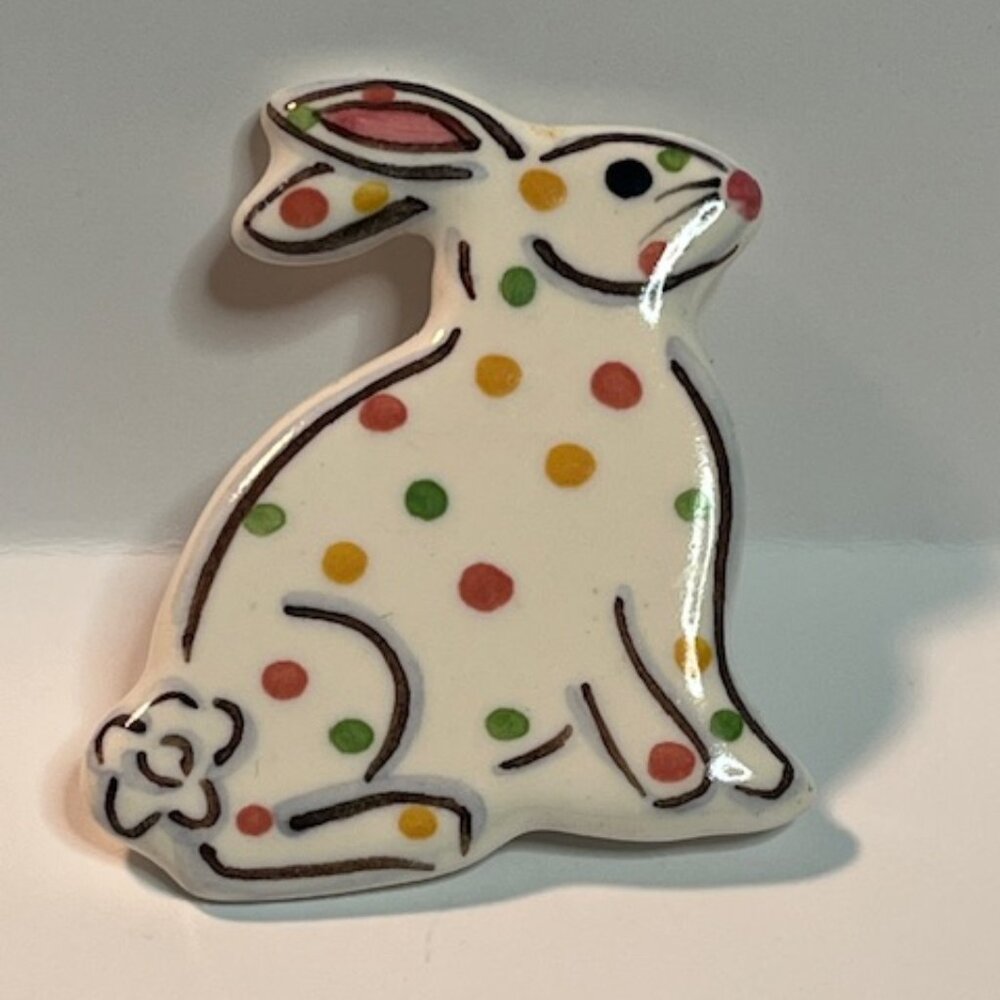 VTG Ceramic White Rabbit Bunny Easter Polka Dot Glossy Brooch Pin 1.5"x1.75"